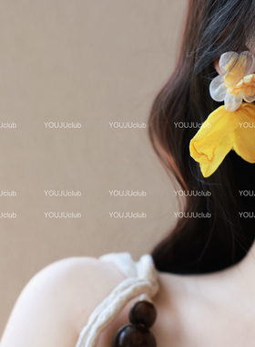 YOUJUclub-海风花园~超仙显脸小甜美黄色雪纺花朵耳环蚊香盘耳夹