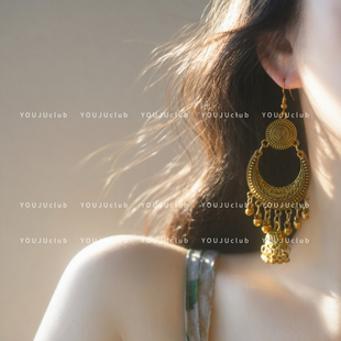 YOUJUclub-海月金兰~复古做旧金色异域民族风镂空耳环蚊香盘耳夹
