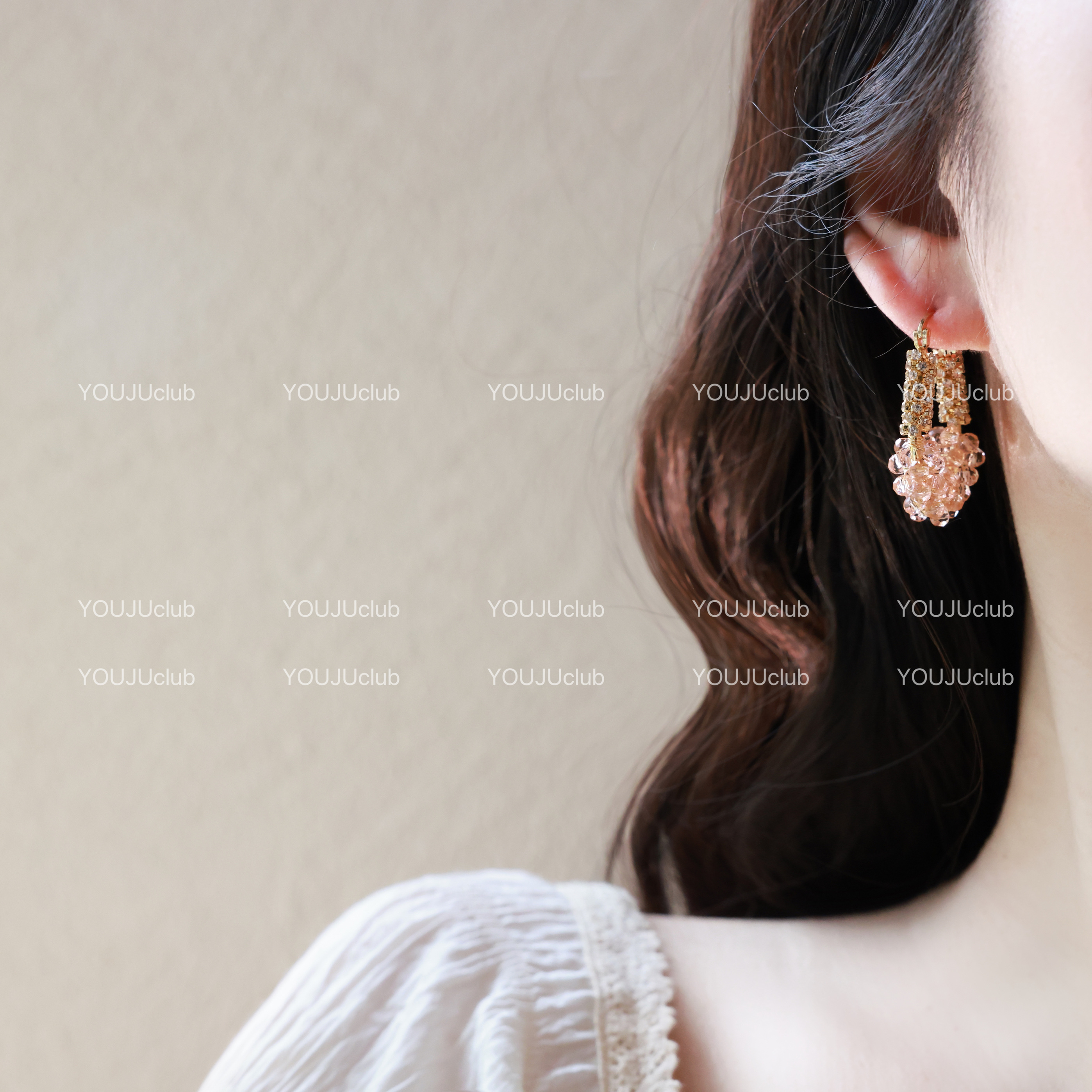 YOUJUclub-玉露珠环~超闪香槟粉色几何水晶串珠耳扣重工轻奢耳环