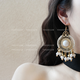 YOUJUclub-桃花坞~复古圆形夸张流苏少数民族风耳环蚊香盘耳夹女