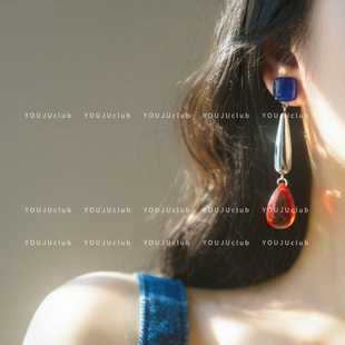 YOUJUclub-琉璃幻境~·蓝色方形复古撞色红色水滴耳环蚊香盘耳夹