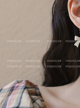 YOUJUclub-美好心情 白色甜美蝴蝶结耳环女小众法式珍珠耳钉耳夹