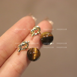 YOUJUclub-时尚定律~法式复古打结虎眼石棕色ins风耳环蚊香盘耳夹