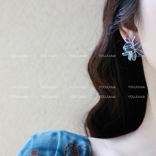 复古蓝色耳饰滴釉立体花朵简约耳钉耳夹 法式 YOUJUclub 莫奈花簇