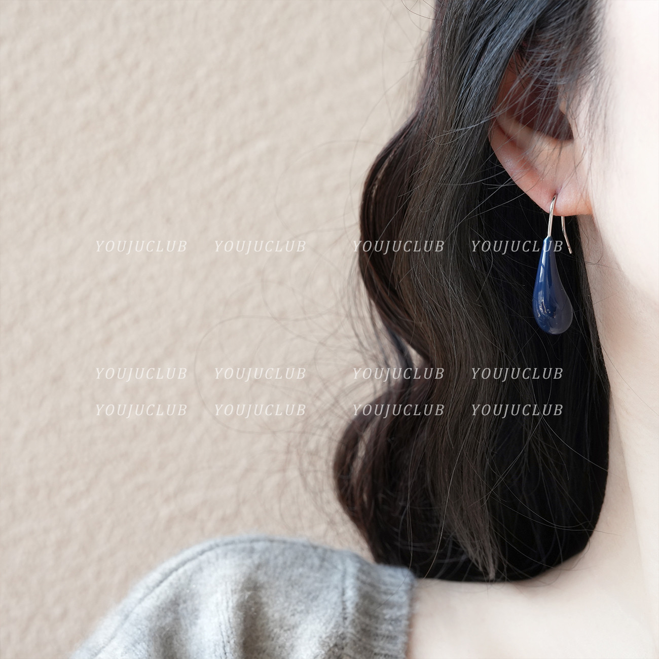 YOUJUclub-蓝与红~韩国简约蓝色水滴冷淡风高级感酒红色耳环耳夹,饰品/流行首饰/时尚饰品新,耳环,淘宝优惠券,粉丝福利购,淘宝优惠卷