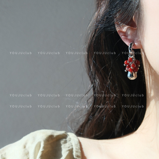 YOUJUclub-垂曳铃音～红色葡萄串珠新中式高级感耳环蚊香盘耳夹女