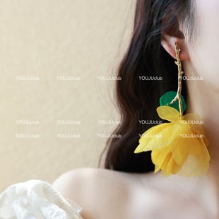 YOUJUclub-漫步花间~超仙女雪纺黄色花朵度假风夸张氛围耳环耳夹