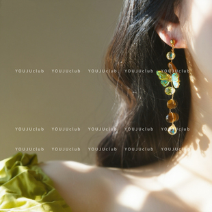 YOUJUclub-冰洁蝶影~森系复古天然石串珠幻彩蝴蝶耳环蚊香盘耳夹