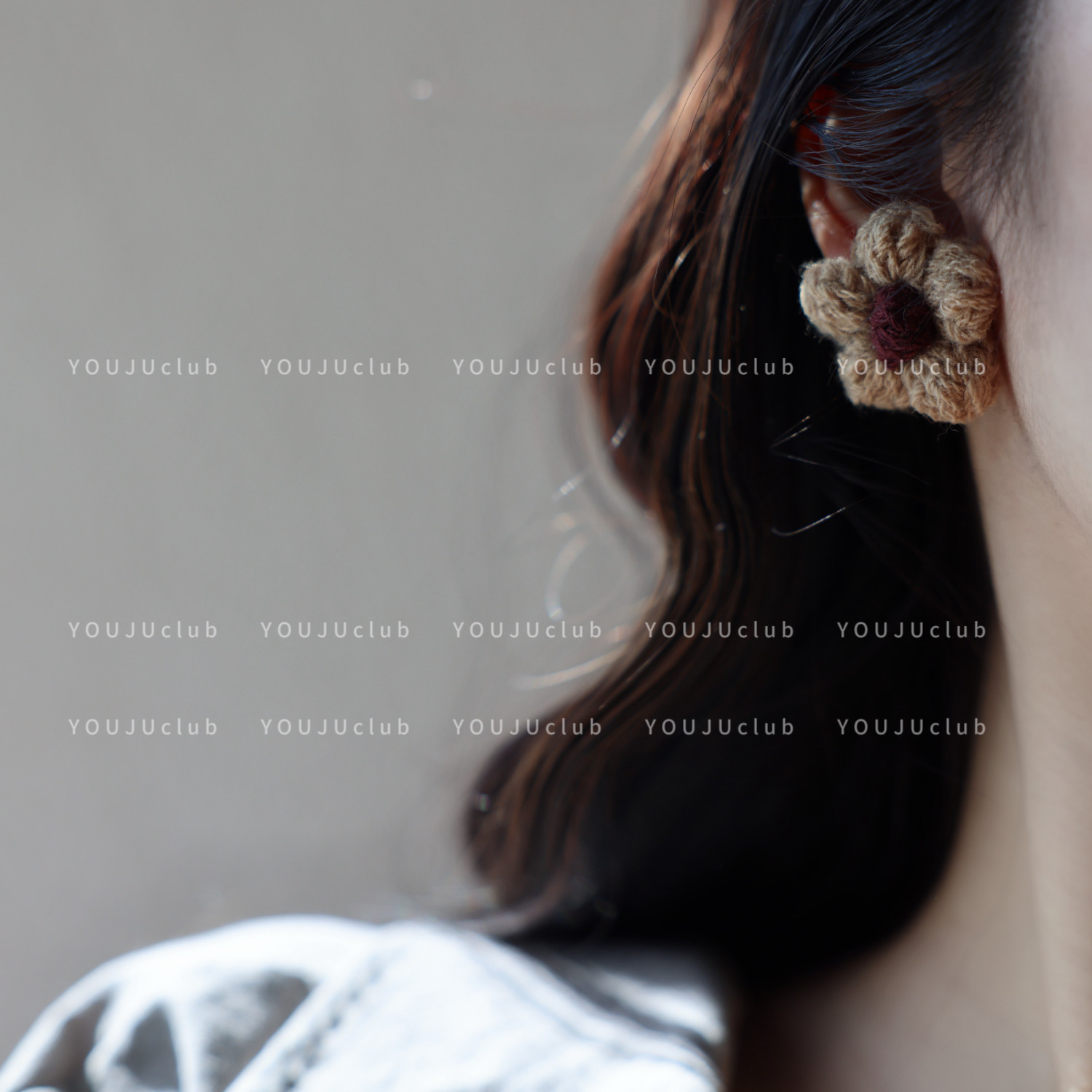 YOUJUclub-咖色花花～复古奶咖色毛线花朵甜美冬日耳环蚊香盘耳夹,饰品/流行首饰/时尚饰品新,耳环,淘宝优惠券,粉丝福利购,淘宝优惠卷