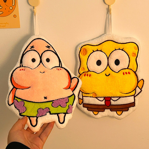 可爱海绵宝宝擦手巾家用挂式吸水不掉毛小方巾儿童毛巾厨房抹手布