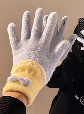 可爱蓝色毛绒针织五指手套新款女冬季保暖加绒加厚骑车触屏手套