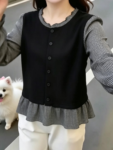 秋季大码女装胖MM200斤假两件上衣格子肥婆衬衫遮肉显瘦胖人小衫