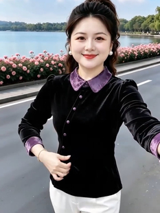 2026秋季新款长袖金丝绒女气质上衣显瘦妈妈装高级感洋气遮肚衬衫