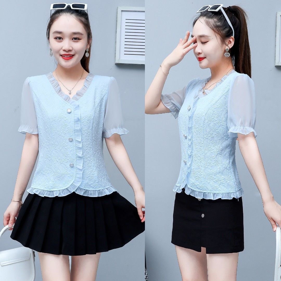 雪纺上衣女短袖夏装妈妈中年蕾丝t恤宽松遮肚子洋气小衫时尚气质
