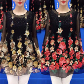 遮肚子蕾丝网纱妈妈装 雪纺打底衫 宽松中长款 大码 上衣 女春夏七分袖