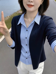 假两件针织衬衫上衣女春秋新款拼接条纹翻领气质妈妈装显瘦打底衫