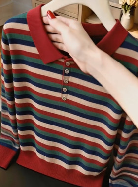 妈妈装条纹针织衫上衣女春秋Polo领衬衫设计感减龄中老年内搭T恤
