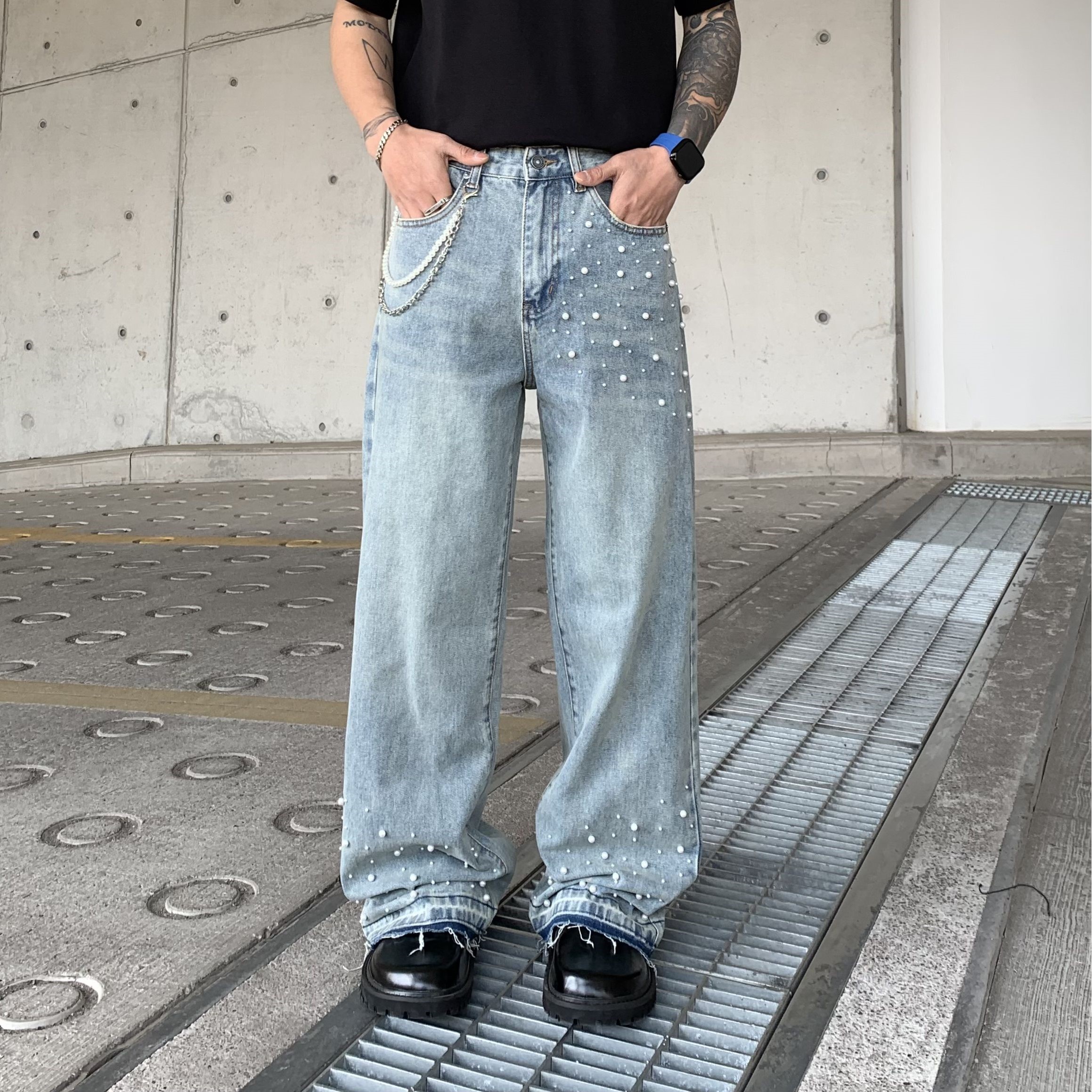 美式街头重工珍珠牛仔裤男满天星镶珠烫珠宽松直筒痞帅高街阔腿裤