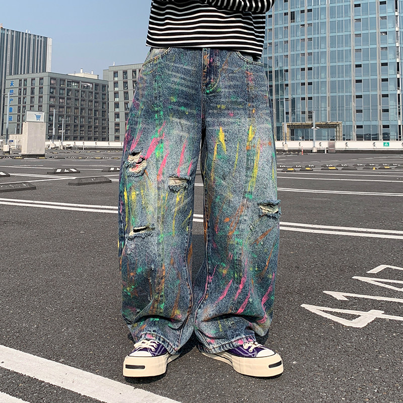 2026春夏新款涂鸦牛仔裤男美式高街vibe破洞泼墨宽松直筒阔腿裤子