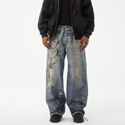 美式复古做旧水洗3D印花牛仔裤男