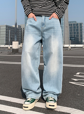 2026春秋季新款浅蓝色牛仔裤男大码休闲美式宽松直筒阔腿垂感裤子