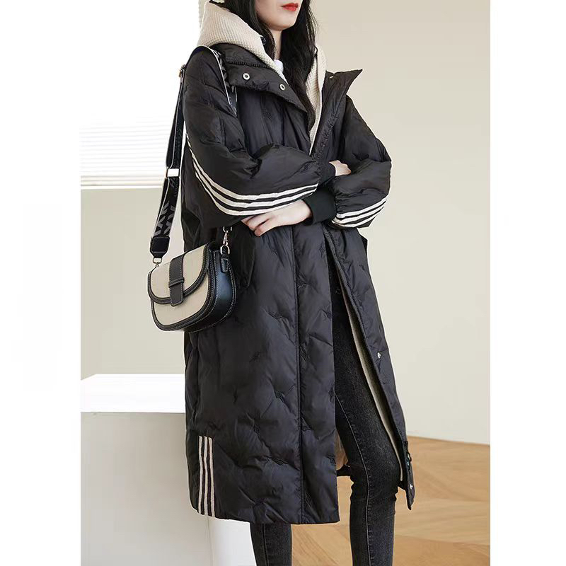 黑色过膝棉服女中长款2024冬装新款连帽宽松显瘦休闲大码加厚外套