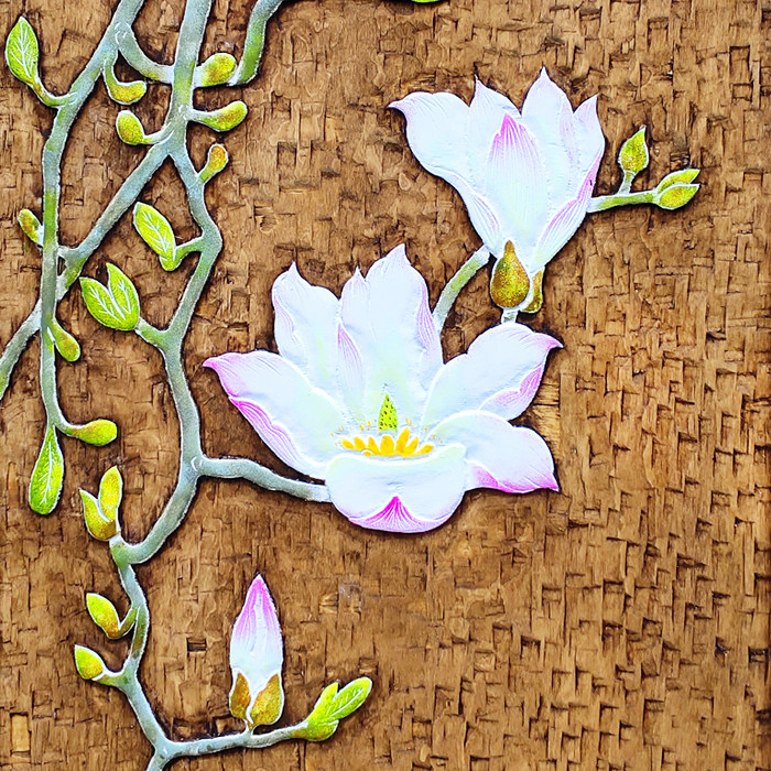 手工实木雕刻立体白玉兰装饰画手绘浮雕客厅背景墙玉兰花壁挂版画