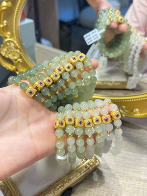 天然和田玉晴水烟紫手串女款diy搭配黄金迎春花手链