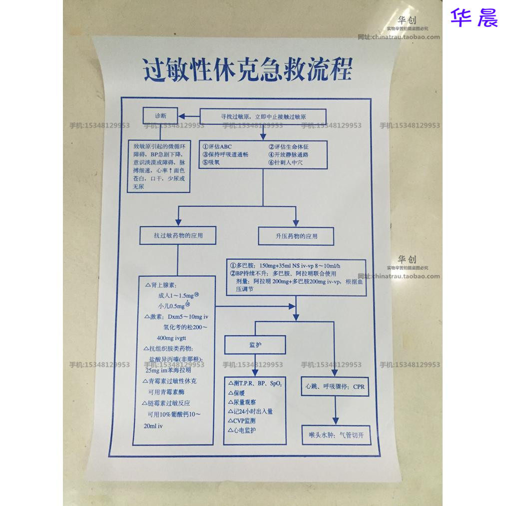 优质PVC材质医用宣传图过敏性休克急救流程图医院急诊抢救大挂图