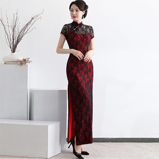 新款夜上海滩扇子舞蹈性感改良蕾丝长款舞台走秀短袖演出服旗袍