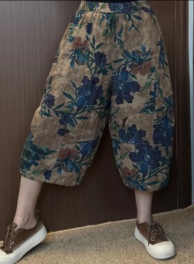 2025夏季薄款棉麻休闲花裤子宽松哈伦裤女透气舒适设计感七分裤