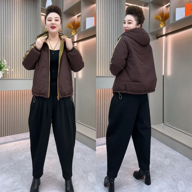 2025冬季新款加厚连帽双面双穿棉服外套保暖加绒哈伦裤时尚两件套