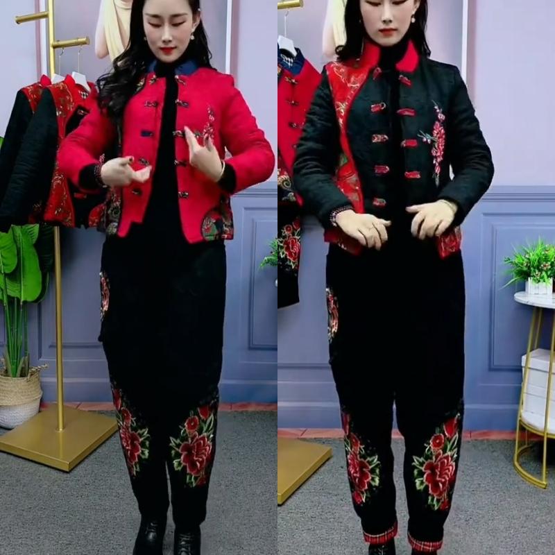 民族风冬新款唐装棉服套装女大码绣花加棉保暖棉衣棉裤时尚两件套