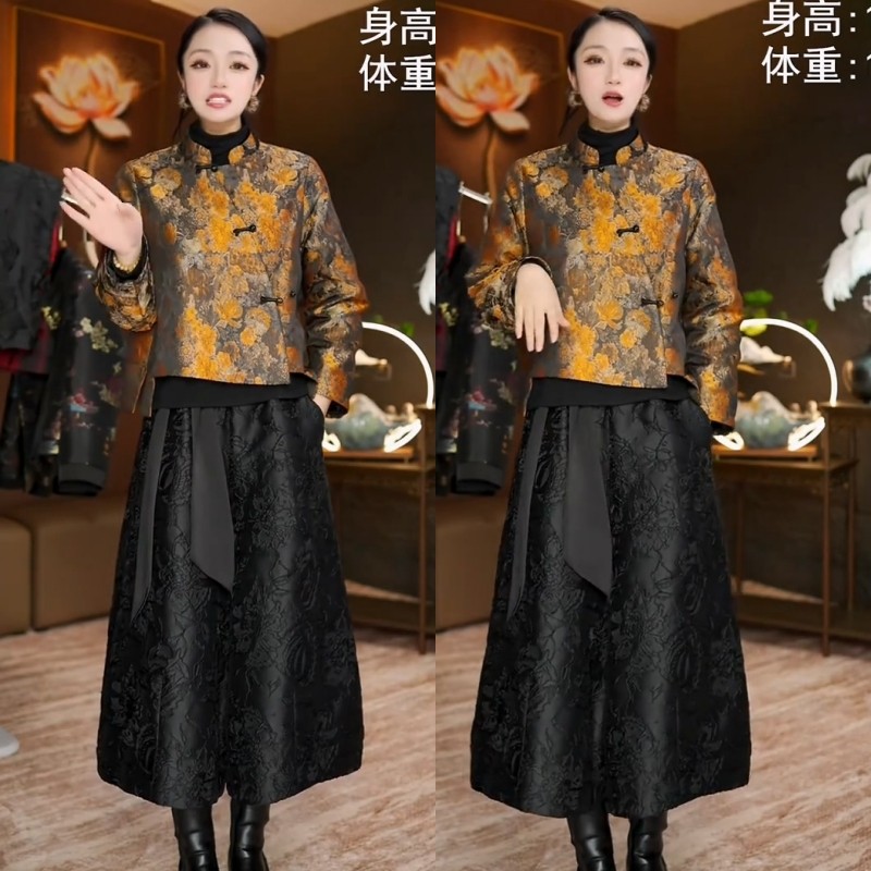 新中式国风棉服套装女冬新款提花棉衣外套时尚花苞阔腿棉裤两件套,女装/女士精品,时尚套装,淘宝优惠券,粉丝福利购,淘宝优惠卷