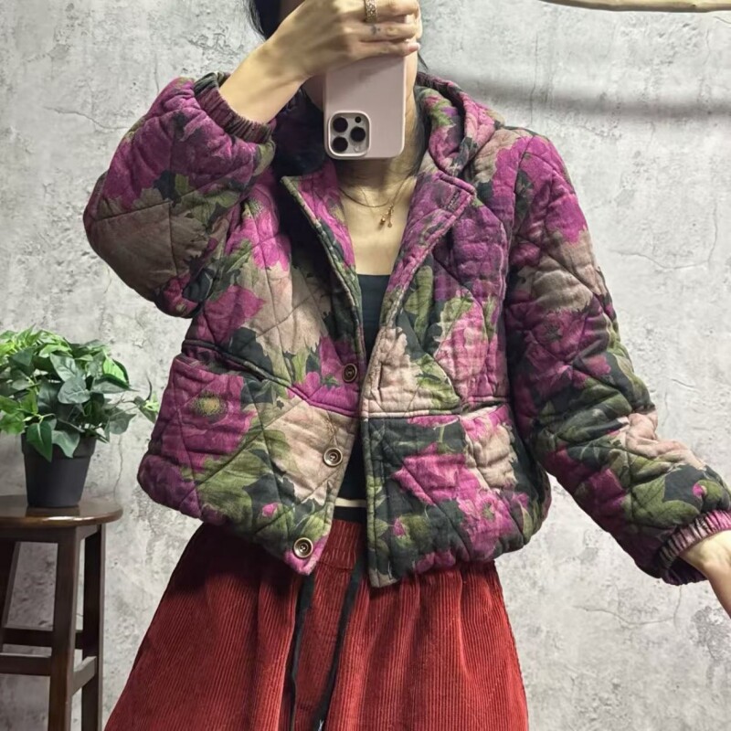 冬季新款民族风做旧印花连帽夹棉外套宽松休闲新中式棉衣棉服女