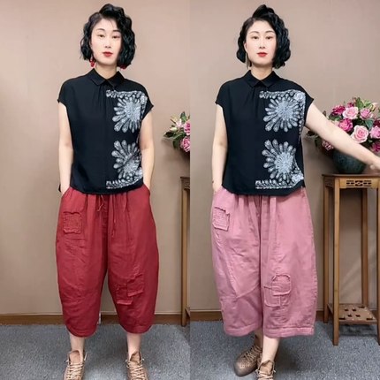 夏季新款短袖T恤上衣透气棉纱七分裤大码套装休闲刺绣阔腿女裤