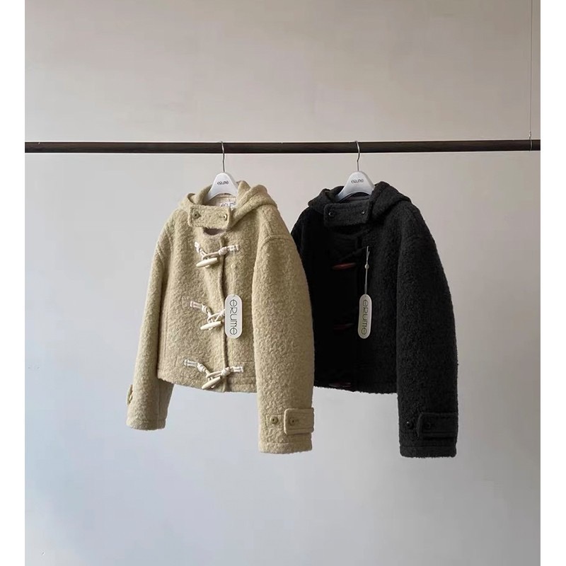 YA家正确版韩国ERUME 减龄宽松洋气连帽牛角扣羊毛短款大衣外套