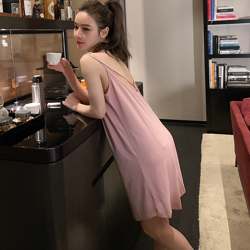 芬腾可安睡裙女夏季薄款莫代尔棉无袖吊带性感露背睡衣纯色背心裙