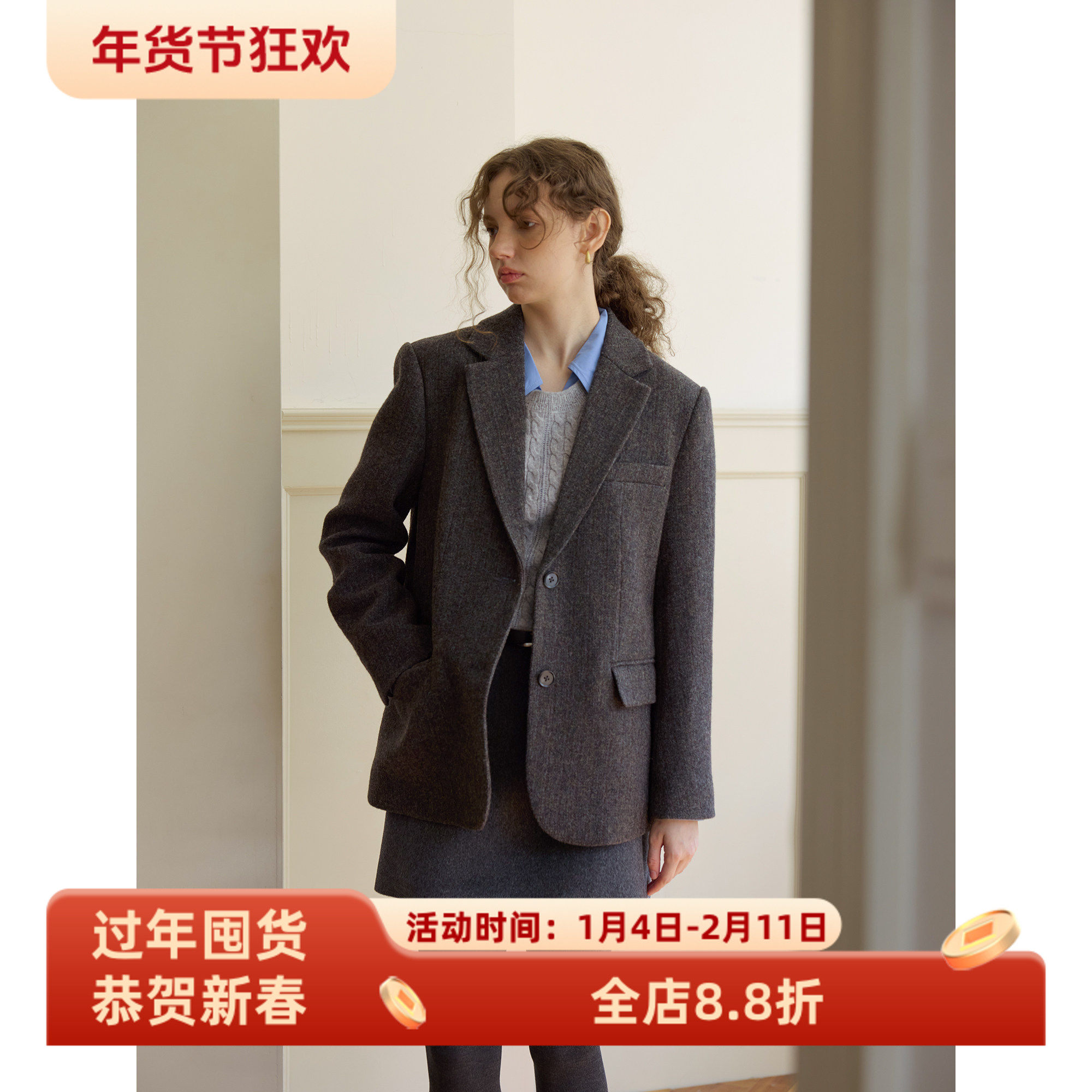 复古全羊毛休闲宽松短款西装毛呢外套女秋冬款呢子通勤韩版小个子