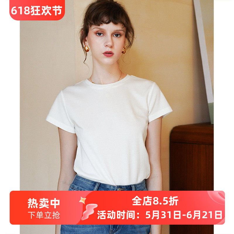 徐莫西 三醋酸抗皱宽松百搭小圆领飞飞短袖白色T恤女夏露锁骨上衣