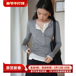 亨利领柔软天丝羊毛设计感假两件打底衫上衣女春内搭修身长袖T恤