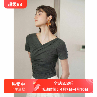 解构设计感V领交叠修身显瘦短袖打底衫T恤女夏季新款收腰褶皱上衣