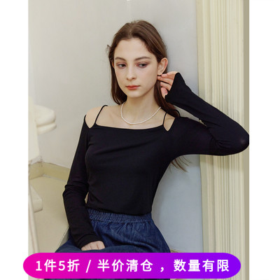 黑色莫代尔挂脖芭蕾上衣小众辣妹修身显瘦设计感露肩方领长袖T恤