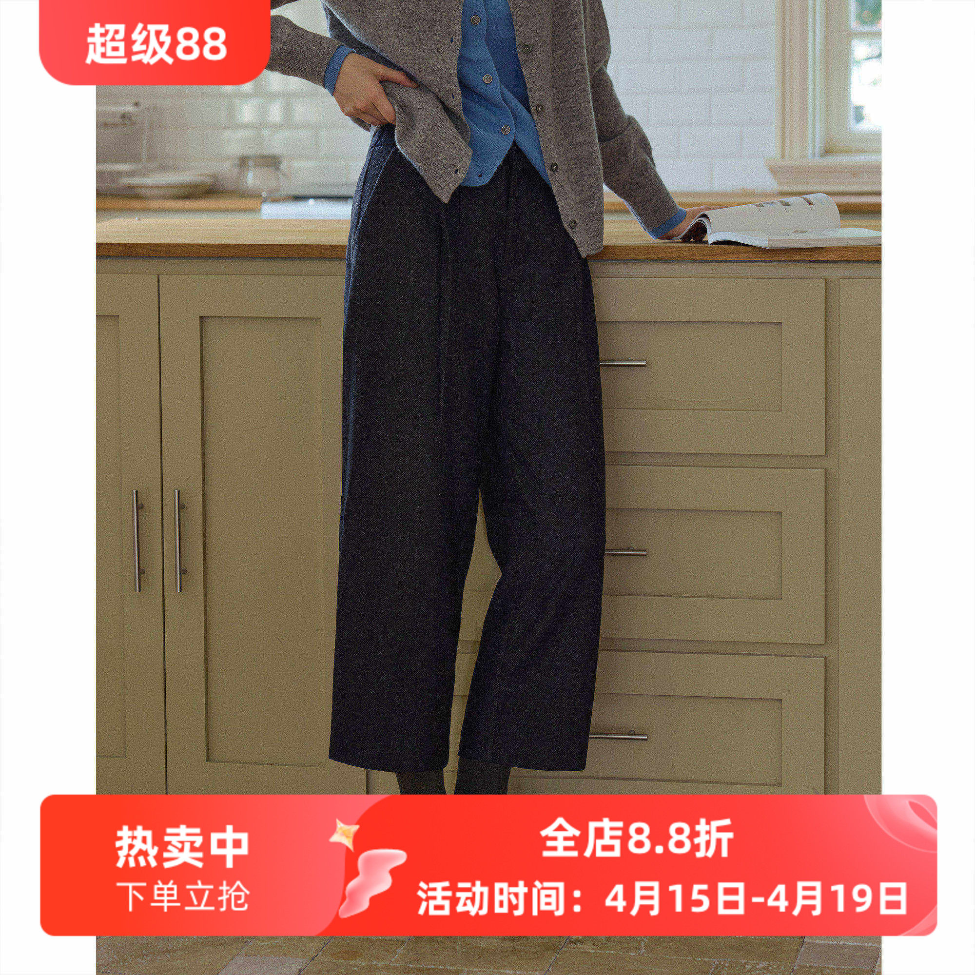 复古黑灰色人字纹羊毛毛呢高腰直筒裤九分裤女秋冬款休闲通勤西裤