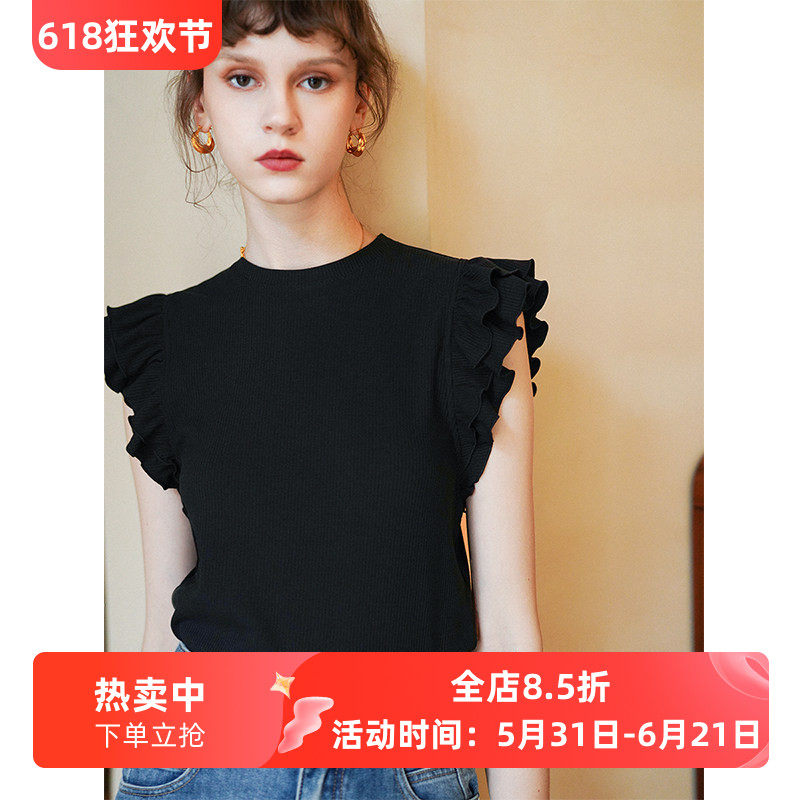 徐莫西 法式风气质甜美双层荷叶边圆领无袖修身显瘦T恤女夏款上衣