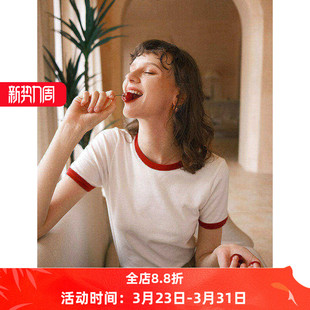 短袖 文艺范复古ins风红色领口撞色修身 棉T恤女夏上衣 法式 徐莫西