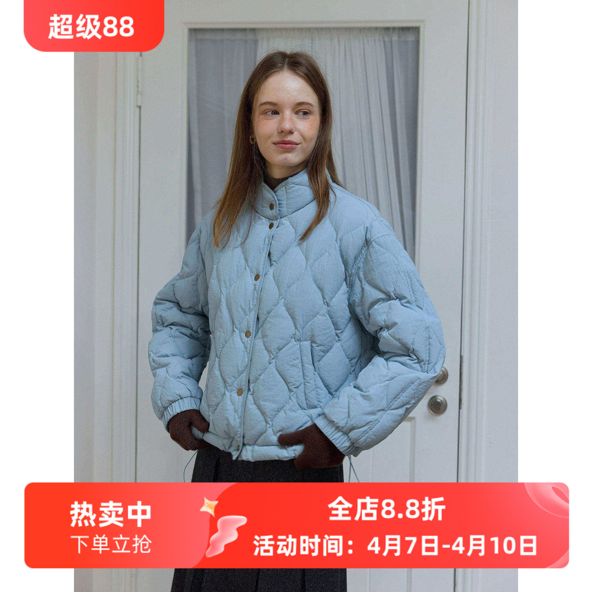 新国标90白鸭绒蓝色立领宽松保暖羽绒服女秋冬季款面包服外套韩版