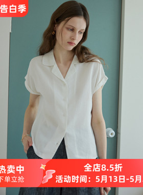 法式复古白色凉爽透气翻领亚麻短袖衬衫女夏季款宽松通勤简约衬衣