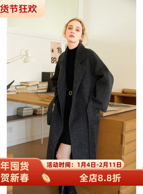 高级感黑灰色双面呢骆驼绒羊毛大衣女冬款气质中长款毛呢外套通勤