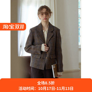 复古风格纹宽松短款羊毛毛呢西装外套女秋冬季新款呢子通勤小个子